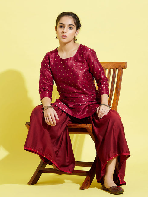 Girl's' Maroon Zari Kurta And Sharara Set